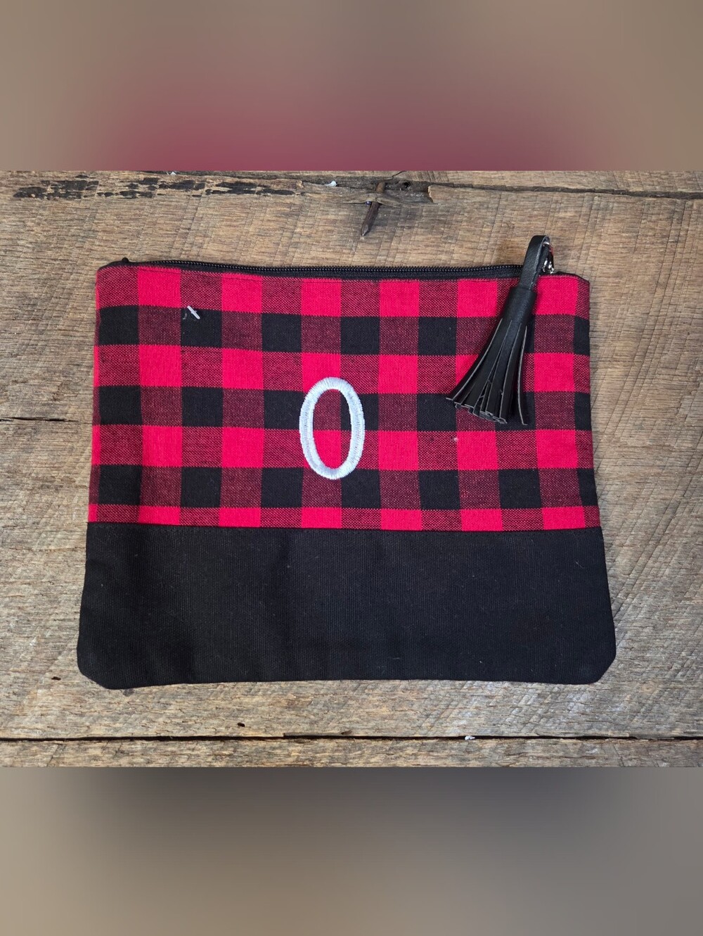 NWOT Buffalo Check Monogram Pouch - Red/Black - Initial O - Makeup ~ Bin 1Q